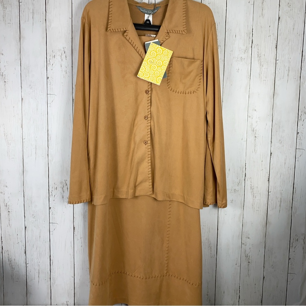 Jessica Holbrook Women Maxi Skirt Set Size L Camel Brown Butter Suede Outfit 2PC
